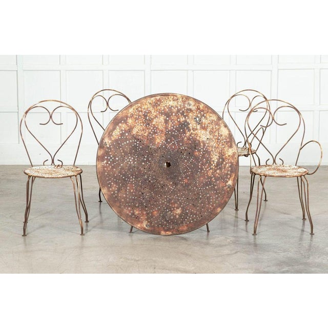 Circa 1940 large french bistro table & chairs patio set. Table w97 x d97 x h72 cm weight 12 kg chairs w42 x d41 x h86 cm...