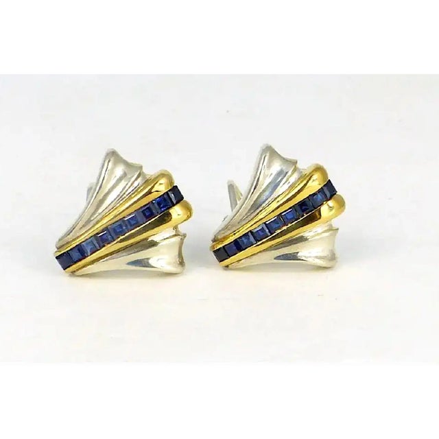 Tiffany and Co. Tiffany Art Deco Style 14k Gold & Sterling Silver Genuine Sapphire Earrings For Sale - Image 4 of 9