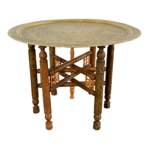 Vintage Moroccan Style Carved Wood Brass Tray Top Collapsible Side Table