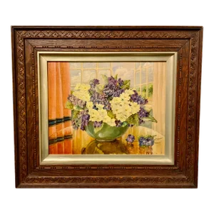 Art Deco Floral Violets Still Life Oil Painting by Imc Benton