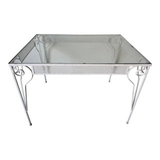 Vintage White Painted Metal and Glass Top Garden Dining Table For Sale