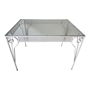 Vintage White Painted Metal and Glass Top Garden Dining Table