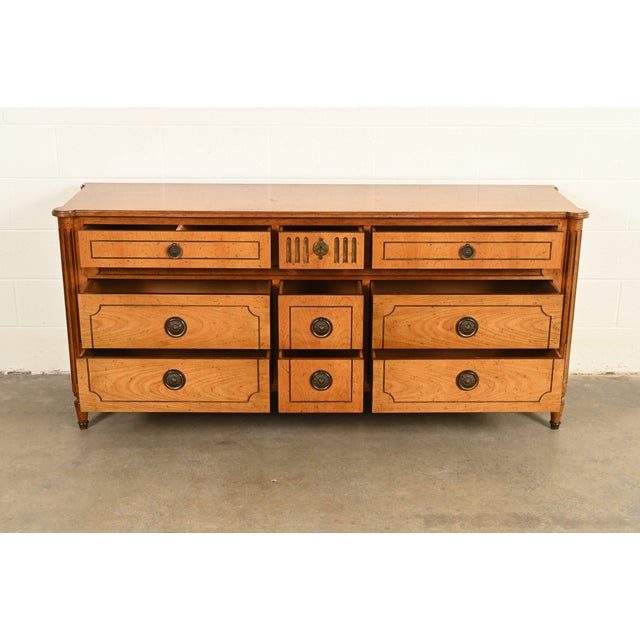 1960s Baker Furniture French Regency Louis XVI Carved Walnut Triple Dresser or Credenza, Circa 1960s For Sale - Image 5 of 17