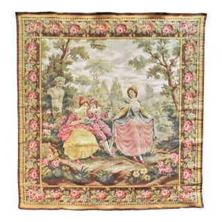 Antique 19th C. French Aubusson Wall Tapestry Romantic Verdure Ladies Gentleman Roses For Sale