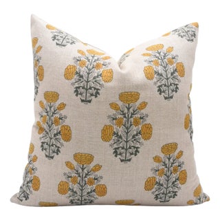 Swadesh Hand Block Leaf Floral Printed Thick Linen Designer Pillow Cover, 20x20 Inch For Sale