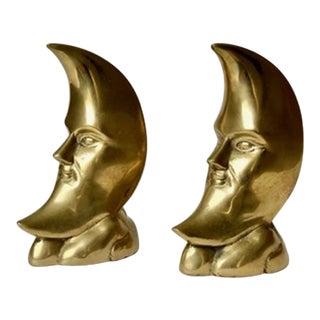 1980s Vintage Brass Man in the Moon Bookends- a Pair For Sale