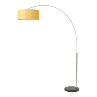 1960s 92-Inch Nova of California Float Floor Lamp - 1960s Modern Arc Lamp, Satin Nickel Steel, Black Marble Base, Mustard Linen Shade For Sale