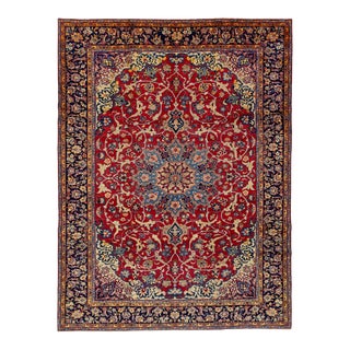 1960s Room Size Isfahan Persian Red Wool Rug With a Rosette Design For Sale