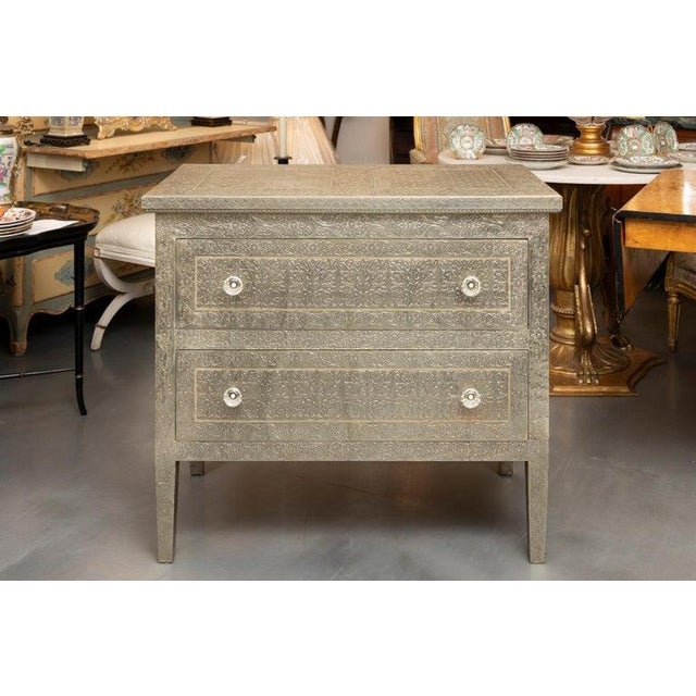 Traditional Mid 20th Century Hand-Embossed White Metal-Clad Two-Drawer Chest For Sale - Image 3 of 8