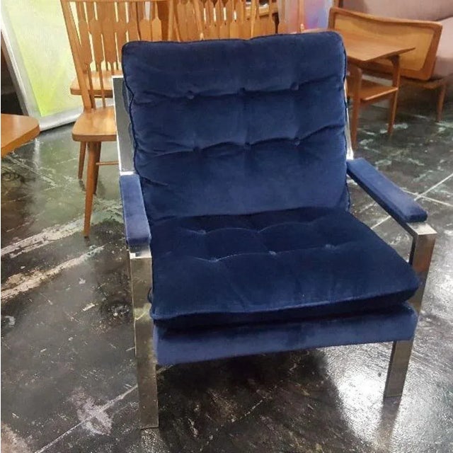 Vintage 1970s Chrome Blue Velvet Lounge Chair in the Style of Cy Mann Milo Baughman For Sale - Image 9 of 10