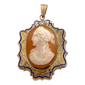 Late 19th Century Victorian Carved Cameo Pendant 14k Gold and Enamel Frame