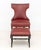 Contemporary Red Upholstered Lounge Chair and Ottoman, the chair with riveted design on four mahogany legs and ottoman...