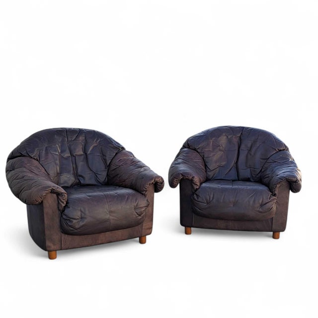 Late 20th Century Slouchy Overstuffed Leather Lounge Chairs in Chocolate Brown - Pair For Sale - Image 13 of 18