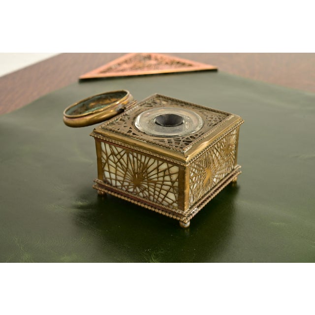 Metal Tiffany Studios New York Pine Needle Bronze Doré and Favrile Slag Glass Inkwell For Sale - Image 7 of 12