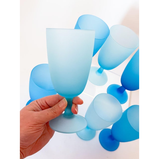 1960s 1960s Carlo Moretti Italy Satinato Frosted Blue Wine Water Glasses - Set of 7 For Sale - Image 5 of 12