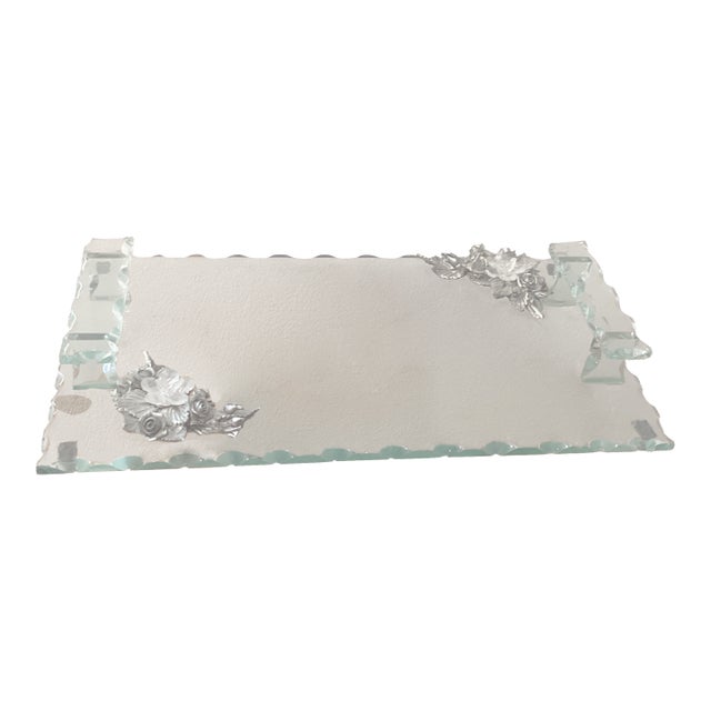 Vintage Rectangular Scalloped Edge Hand Cut Crystal Glass Tray With Silver Plated Flowers Handles by Diffusione Italy For Sale