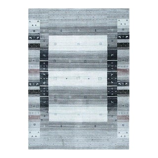 4x6 Gray Hand-Knotted Wool Striped Border Motifist Design Carpet Rug For Sale