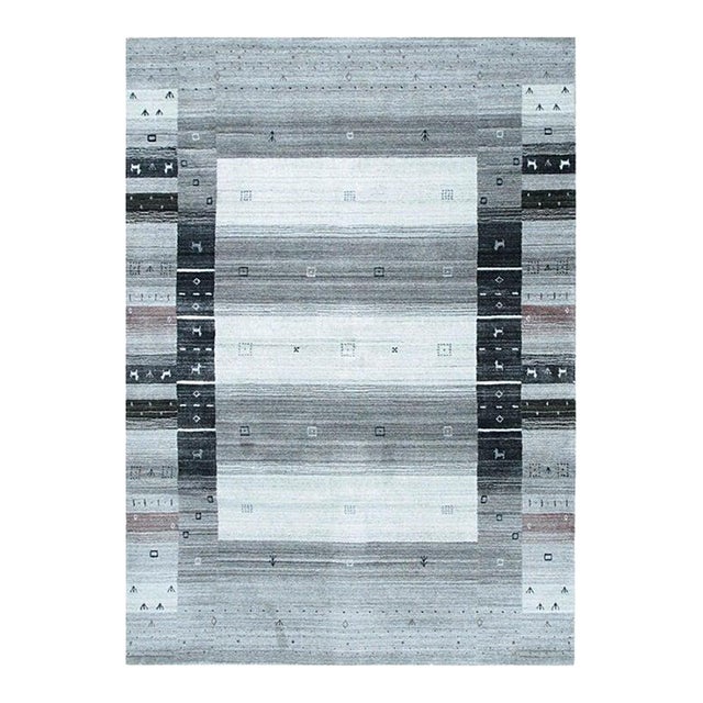 4x6 Gray Hand-Knotted Wool Striped Border Motifist Design Carpet Rug For Sale