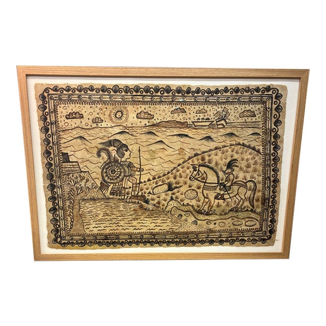 1960s "Euahtemoc Surrenders" Drawing on Amate Bark Paper by Marcial Camilo Ayala For Sale