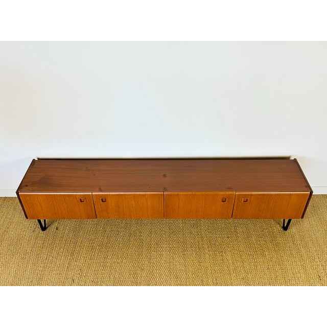 Mid-Century Modern Low Scandinavian Teak Sideboard with Metal Compass Legs, 1960 For Sale - Image 3 of 17