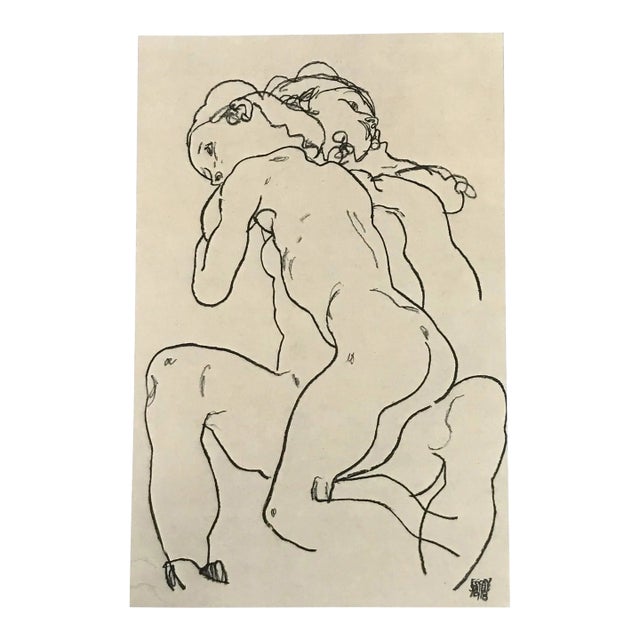 1981 Egon Schiele 40 Erotic Drawing Two Girls Embracing For Sale