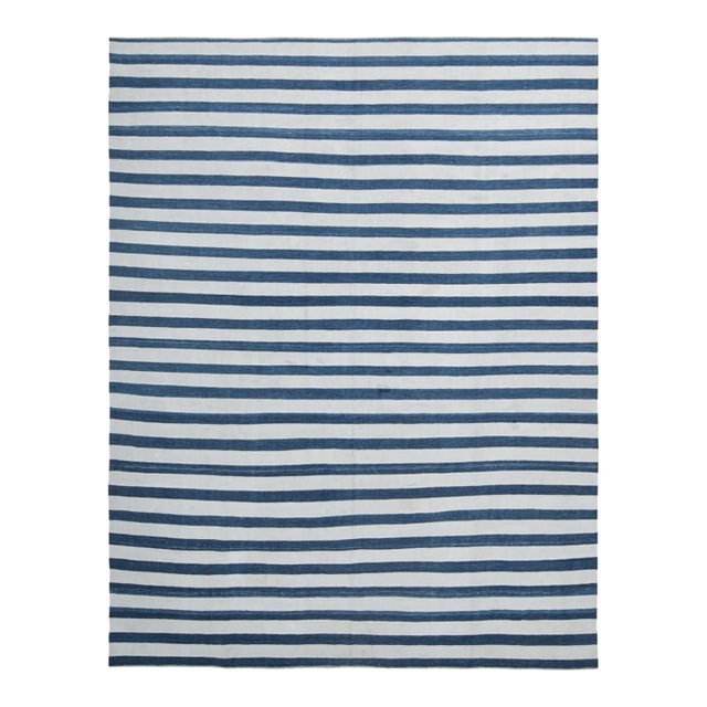 Rug & Kilim’s Contemporary Dhurrie Rug in Navy Blue and Off-White Stripes For Sale