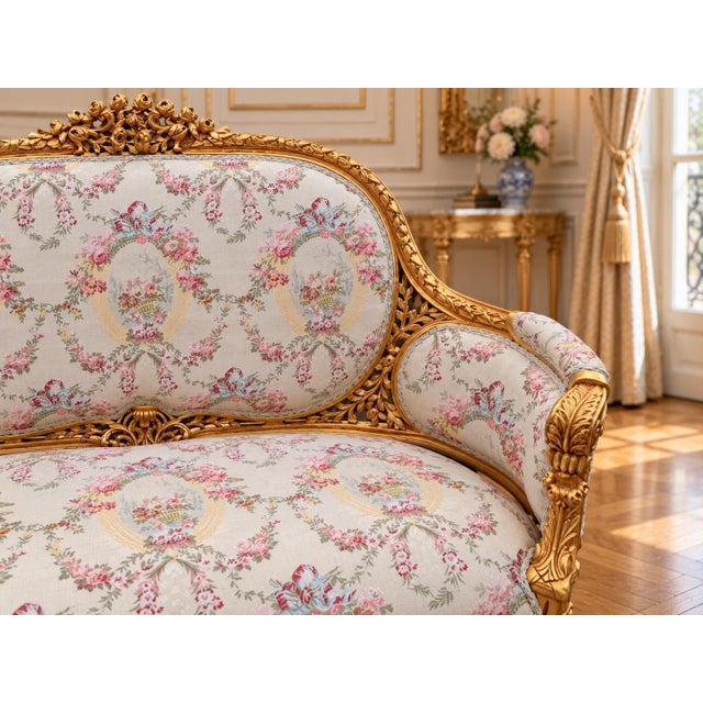 1970 French Artisan Louis XVI Gold Damask Settee For Sale - Image 9 of 13