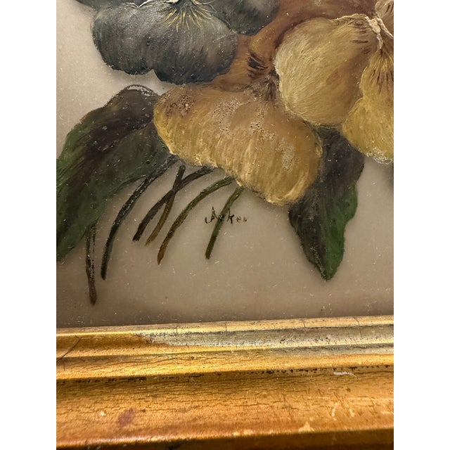Shabby Chic Vintage Pansy Painting on Glass With Distressed Gold Frame For Sale - Image 3 of 6