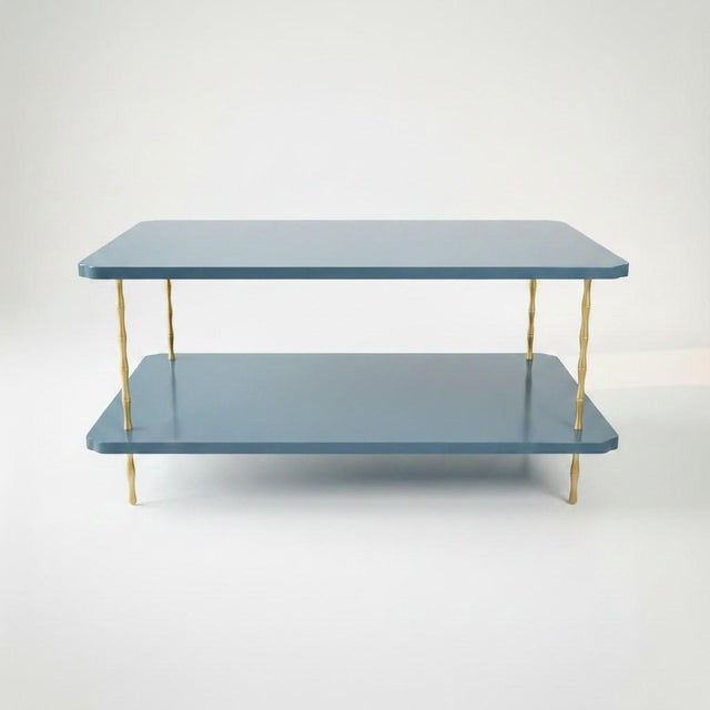 Not Yet Made - Made To Order Handcrafted Satin Sea Reflection Painted Two-Layer Coffee Table With Brass Bamboo Legs For Sale - Image 5 of 7