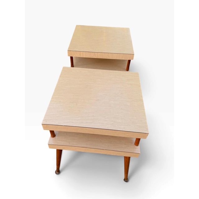 Vintage MCM End Tables Pair Two Tier Formica Tapered Legs Brass Feet For Sale In Buffalo - Image 6 of 8