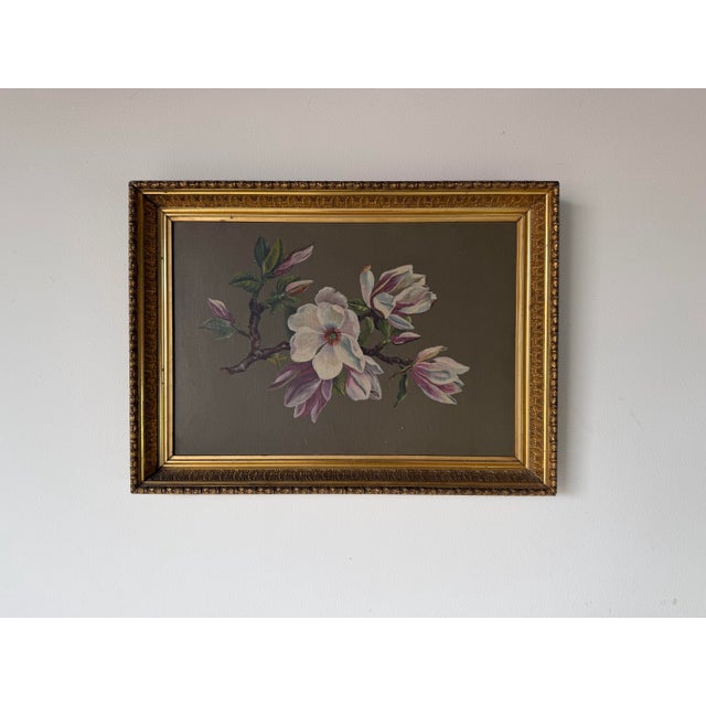 Abstract Vintage Magnolia Blossom Still Life Oil on Board Painting in Ornate Gold Wood Frame For Sale - Image 3 of 12