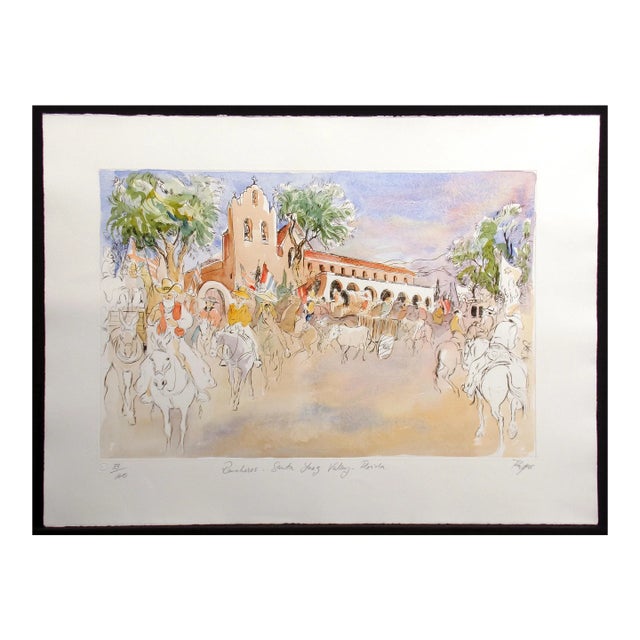 William Papas "Rancheros, Santa Ynez Valley" Hand Colored Etching Art Print For Sale