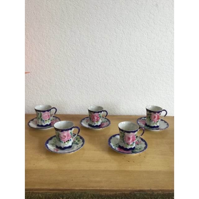 Antique Hand Painted Porcelain Nippon Chocolates Cups & Saucers - Set of 5 For Sale - Image 11 of 11