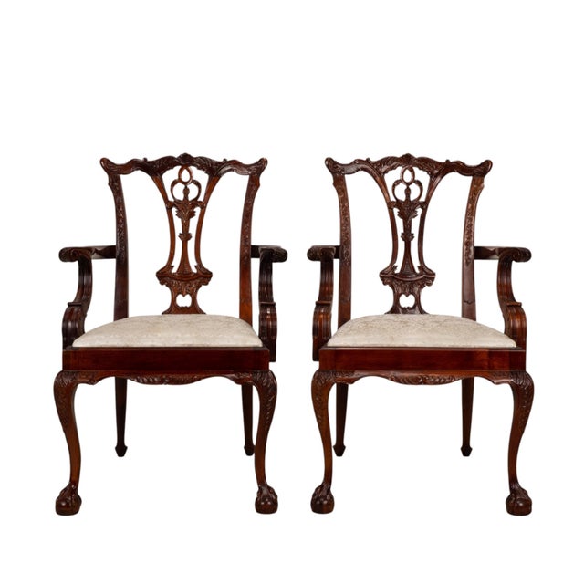 Pair Antique Chippendale Revival Carved Mahogany Ball & Claw Arm Chairs For Sale - Image 4 of 18