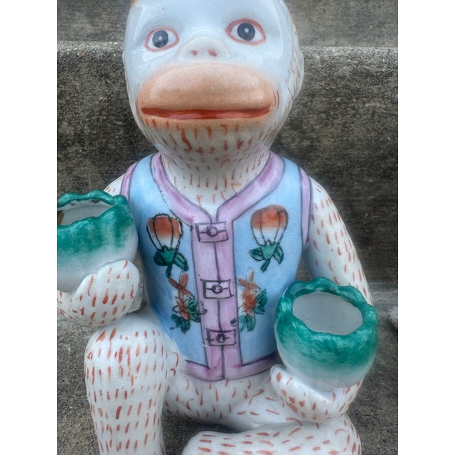 Vintage Chinoiserie Ceramic Seated Monkey Candleholders - A Pair For Sale In Richmond - Image 6 of 9