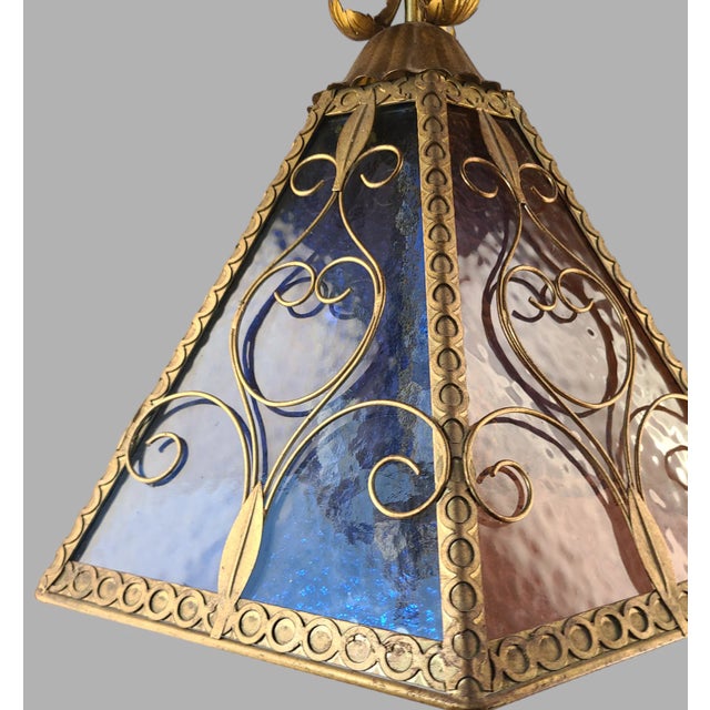 Vintage Multi Color Slag Glass Italian Tole Gilded Pendant Light Fixture For Sale - Image 11 of 11