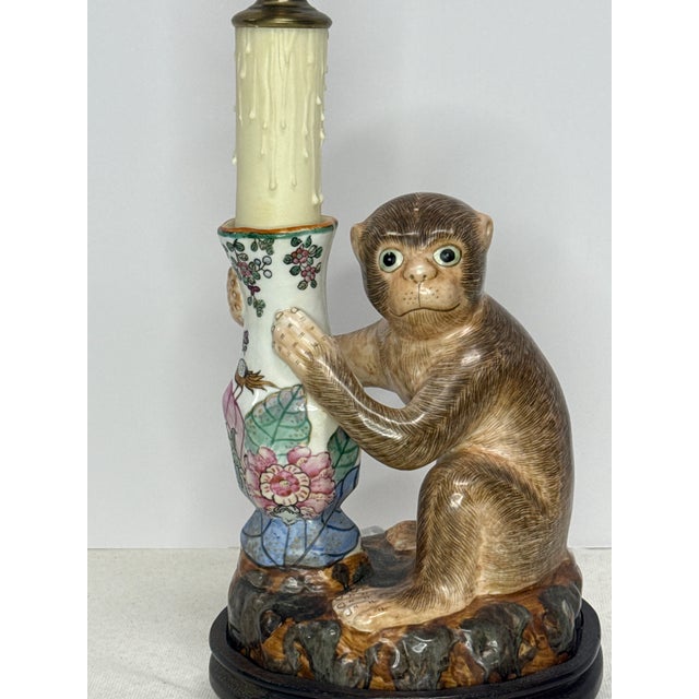 Chinoiserie 1980s Tobacco Leaf Monkey Lamp For Sale - Image 3 of 15