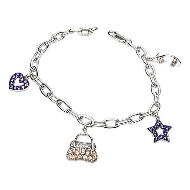 Late 20th Century 14K White Gold Star Shoe Heart Bag Sapphire Diamond Charm Bracelet For Sale