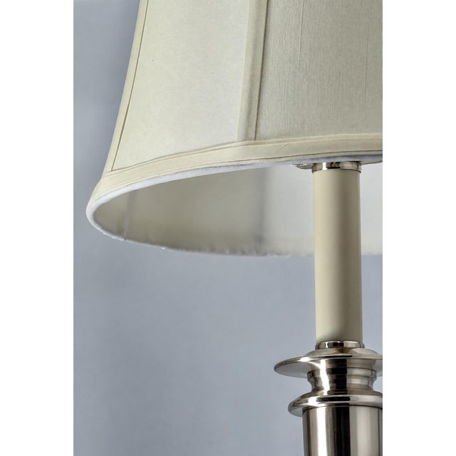 Traditional Ralph Lauren Silver Polished Nickel Candlestick Table Lamp and Linen Bell Shade For Sale - Image 3 of 5