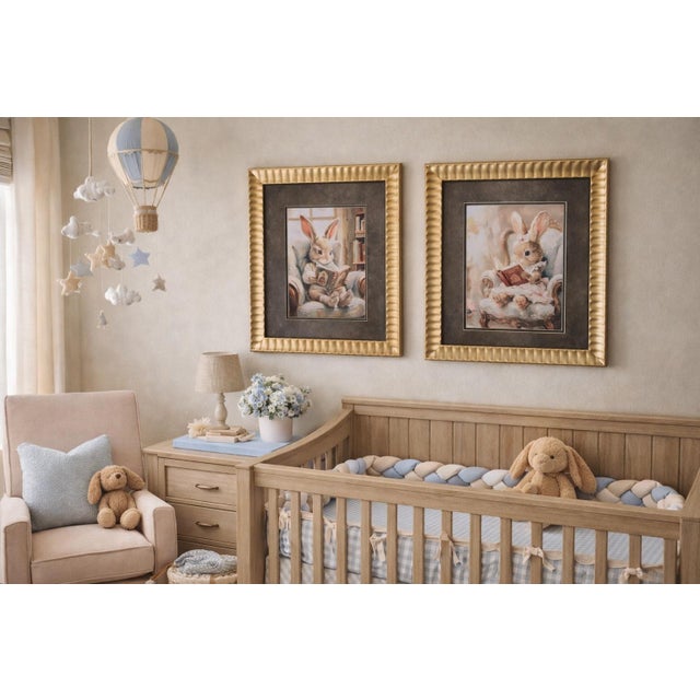 Wood Large Storybook Bunny Reading Canvas Nursery Wall Art in Gold Ribbed Heavy Frames Pair For Sale - Image 7 of 8
