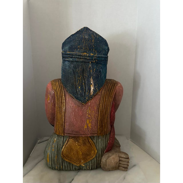 Wood Seated Asian Carved Wood Figure Holding Fish For Sale - Image 7 of 9