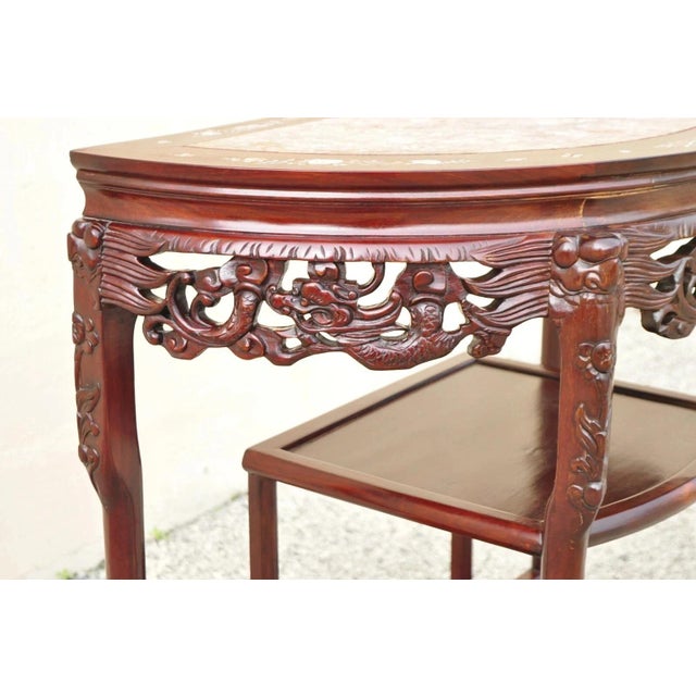 Late 20th Century Vintage Oriental Chinese Carved Hardwood Demilune Marble Top Console Hall Table For Sale - Image 5 of 11