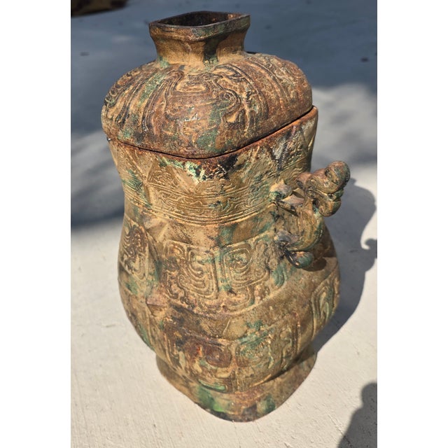 Chinese Cast Iron Archaic Style Vessel With Patina For Sale - Image 3 of 13