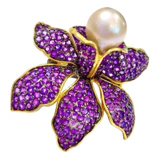 Bochic "Orient" Vintage Amethyst & White South Sea Pearl Ring  18K Gold over Si For Sale