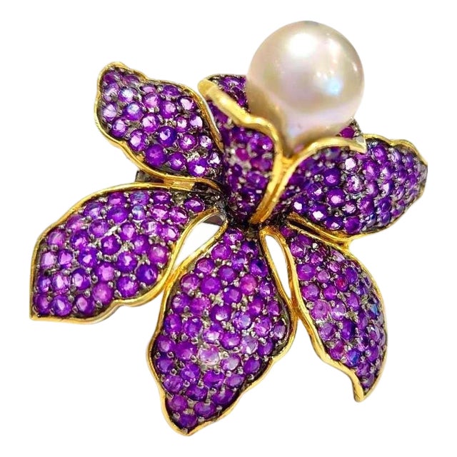 Bochic "Orient" Vintage Amethyst & White South Sea Pearl Ring  18K Gold over Si For Sale