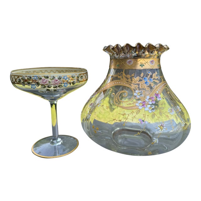 Moser Hand-Enameled Bohemian Uranium Art Glass Set: Coupe Stem & Rose Bowl Vase For Sale