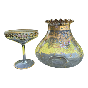 Moser Hand-Enameled Bohemian Uranium Art Glass Set: Coupe Stem & Rose Bowl Vase