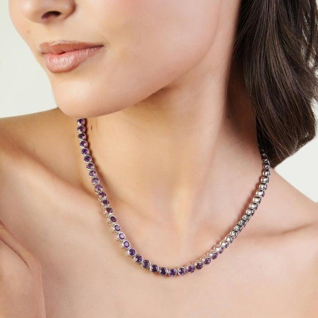 Purple Timeless Bezel Set Amethyst Station Link Necklace for Gift For Sale - Image 8 of 13