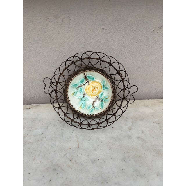 Small Majolica Wire Yellow Rose Basket Circa 1900. 5 by 4.5 inches.