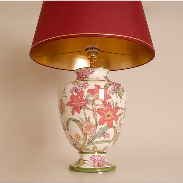 Textile Vintage Italian Table Lamps Ceramic Floral Tall Porcelain Vase Lamps Tariff Free Delivery - A Pair For Sale - Image 7 of 12